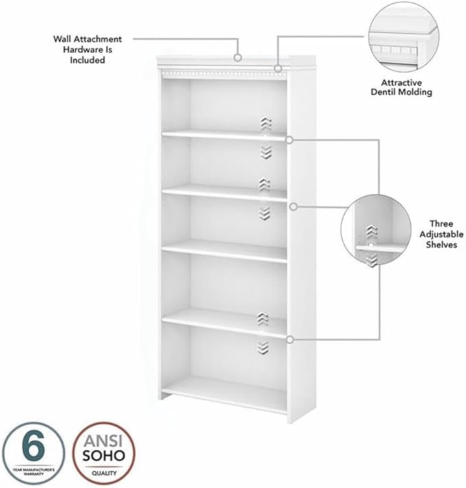 Pemberly Row Office Set, 60W L Desk with Hutch and 5 Shelf Bookcase, Engineered Wood, Pure White/Shiplap Gray Finish, Modern Farmhouse Style Home Office Furniture with Storage and Adjustable Shelves