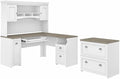 Pemberly Row 60W L Desk with Hutch and File Cabinet, Engineered Wood, White and Gray Finish, Farmhouse Style Office Furniture for Home Workspace, Ample Storage with Shelves and Drawers