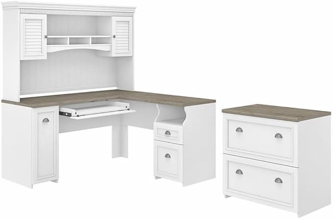 Pemberly Row 60W L Desk with Hutch and File Cabinet, Engineered Wood, White and Gray Finish, Farmhouse Style Office Furniture for Home Workspace, Ample Storage with Shelves and Drawers