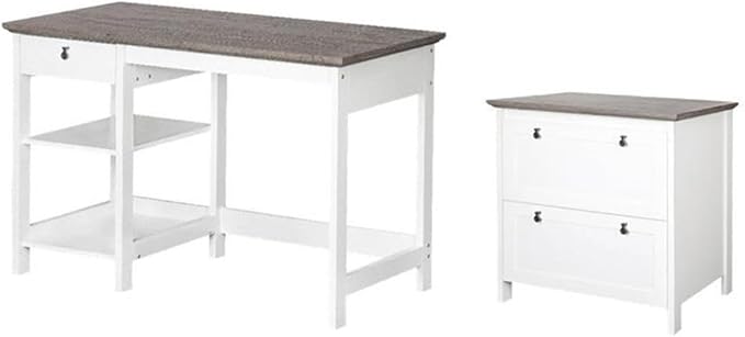 Pemberly Row Set of 2 47" Writing Desk & Lateral File Cabinet in White/Gray Oak