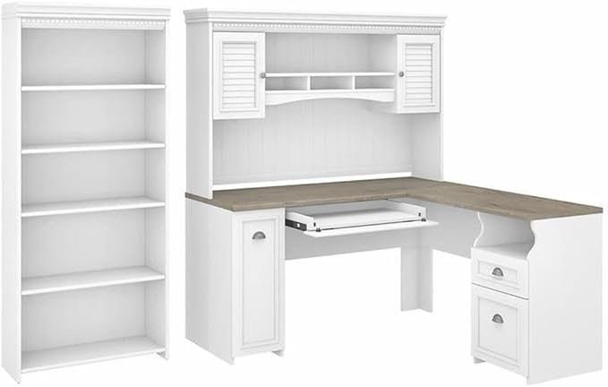 Pemberly Row Office Set, 60W L Desk with Hutch and 5 Shelf Bookcase, Engineered Wood, Pure White/Shiplap Gray Finish, Modern Farmhouse Style Home Office Furniture with Storage and Adjustable Shelves