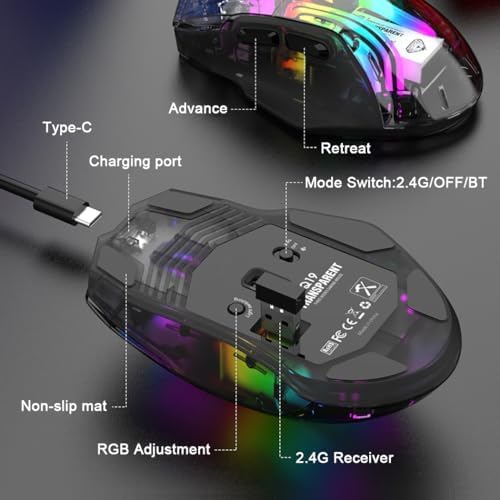 Bluetooth Wireless Mouse,Tri-Mode 2.4G/USB-C, Up to 3600 DPI,Transparent Mechanical Gaming Mouse,Chroma RGB Backlit, Must-Have Cool USB Computer Mouse for Gaming and Esports (White)