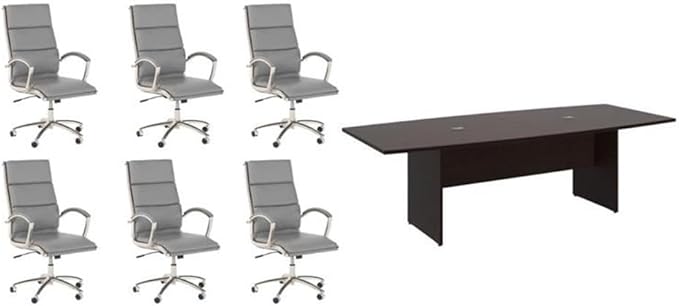 Pemberly Row Set of 7 - Cherry Conference Table & 6 Light Gray Executive Chairs