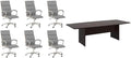 Pemberly Row Set of 7 - Cherry Conference Table & 6 Light Gray Executive Chairs