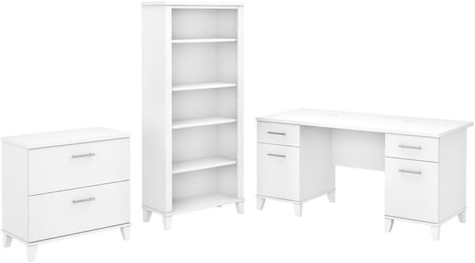 Pemberly Row Engineered Wood 60W Office Desk with File Cabinet & 5 Shelf Bookcase, White Finish, Durable Home Office Set with Storage Drawers, Adjustable Shelves, Wire Management