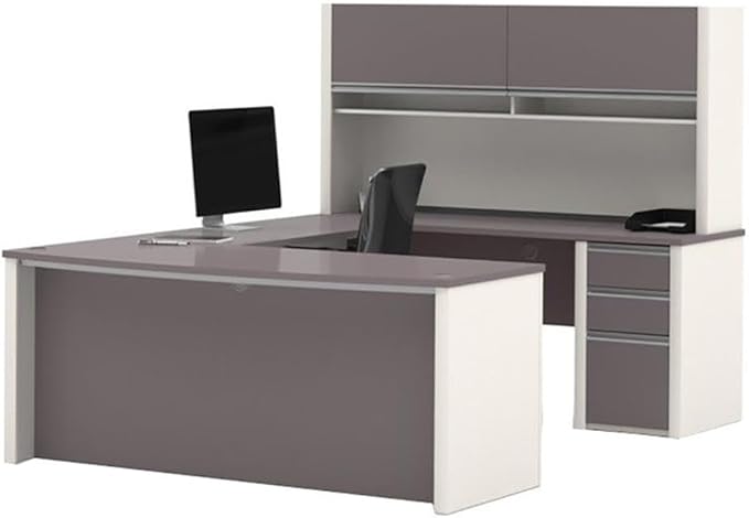 Bowery Hill Contemporary Wood U-Shaped Workstation, Sandstone/Gray Finish, 71.13"W x 92.38"D x 65.75"H, Modular Design, Durable Melamine Surface, Commercial Grade Office Desk with Hutch and Shelving