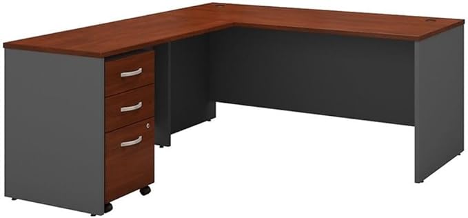 Pemberly Row Set of 2 66W L-Shaped Desk & 5-Shelf Bookcase in Hasnen Cherry