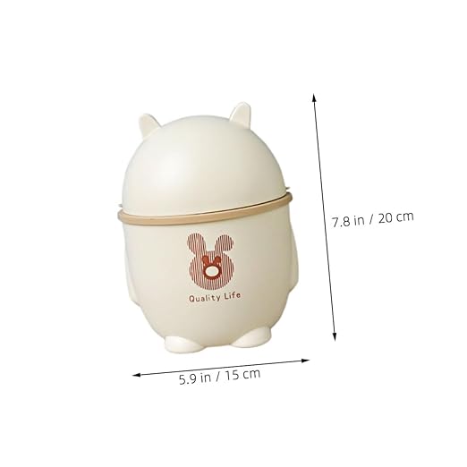 Uonlytech Cute Mini Desktop Trash Can with Lid Slim Plastic Waste Bin for Office Kitchen and Bathroom Cartoon Design White Color 5L Capacity