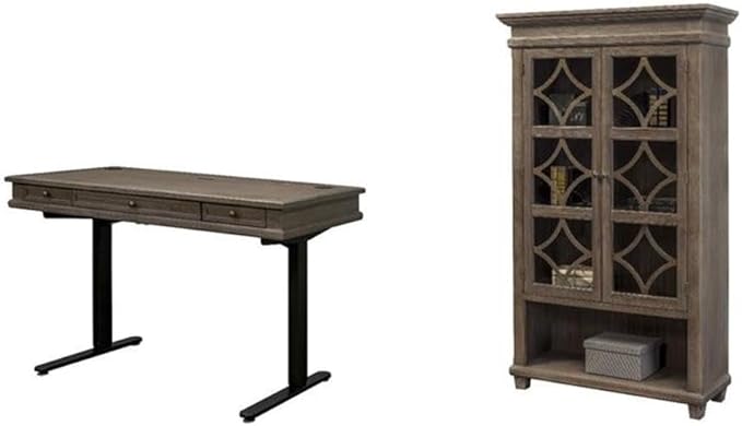 BOWERY HILL Set of 2 Electronic Sit/Stand Desk and Glass Display Bookcase - Gray