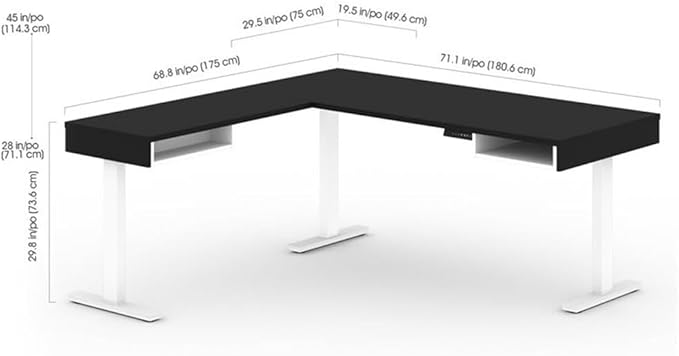 Pemberly Row 72" L-Shaped Standing Desk Set with Storage, Black Finish, Electric Adjustable Height Desk, Shelving Units, Credenzas, Dual Monitor Arms, Home Office Furniture