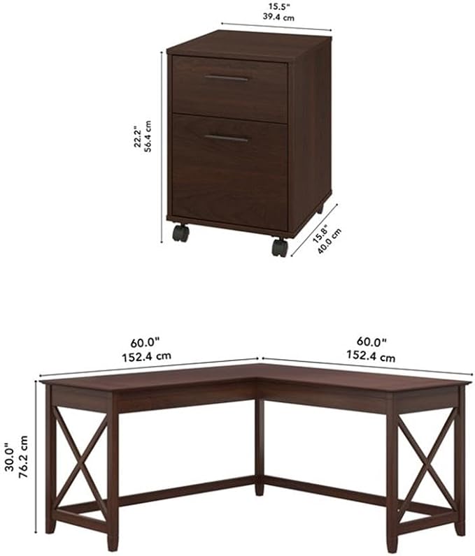 Pemberly Row 60W L Shaped Desk with 2 Drawer Lateral File Cabinet, Durable Corner Desk and Filing Cabinet, Coastal Farmhouse Style Home Office Furniture Set, X Pattern Accents, 157.7 lbs