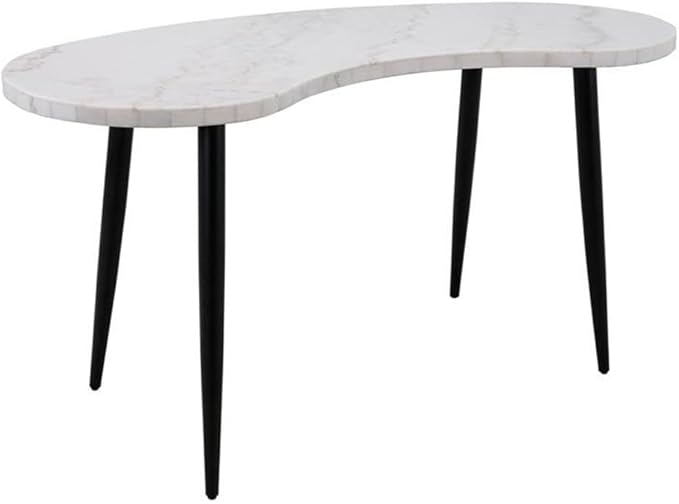 Pemberly Row Desk and Chair Set, 60 in White Marble Desk with Ebony Legs, Gray Upholstered Swivel Chair, Mid-Century Modern Office Set, Adjustable Chair for Home or Workspaces