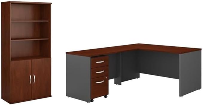 Pemberly Row Set of 2 5-Shelf Bookcase with Doors & L-Shaped Desk with Drawers