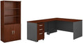 Pemberly Row Set of 2 5-Shelf Bookcase with Doors & L-Shaped Desk with Drawers