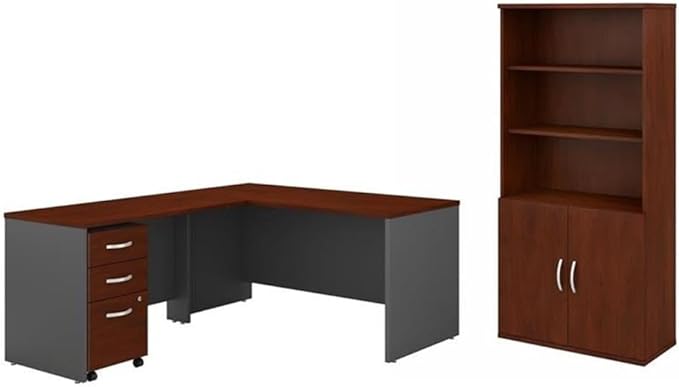Pemberly Row Set of 2 5-Shelf Bookcase with Doors & L-Shaped Desk with Drawers