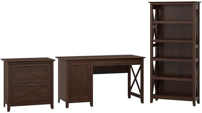 Bush Home Key West 54W Computer Desk with 2 Drawer Lateral File Cabinet and 5 Shelf Bookcase in Bing Cherry