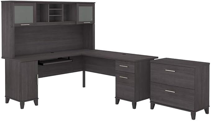 Pemberly Row 72W L Shaped Desk with Hutch and File Cabinet, Engineered Wood, Storm Gray Finish, Frosted Glass Doors, Wire Management, Home Office Set Featuring Storage and Organization