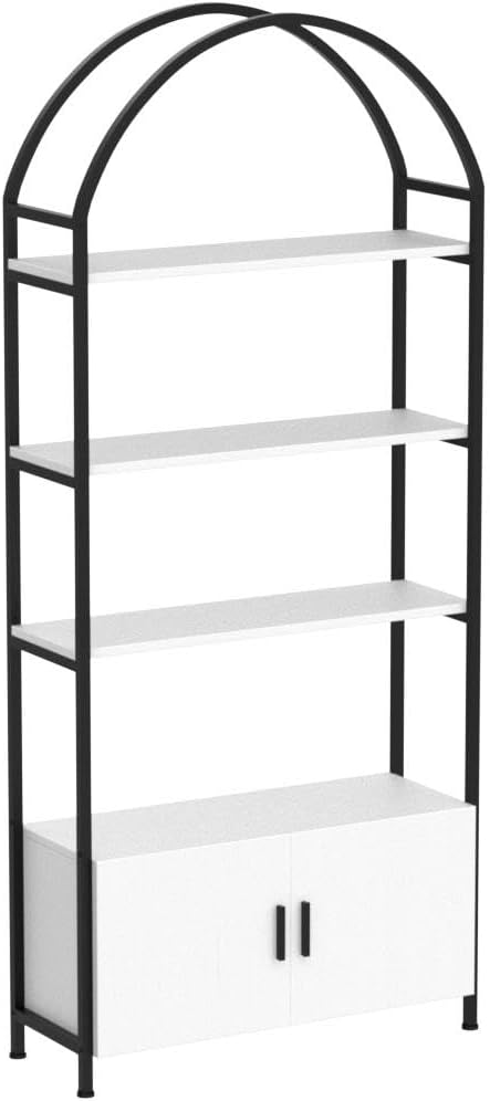 Jehiatek Arched Bookshelf, Bookcase with Doors Storage, 71 Inches Tall Industrial Book Shelf with Sturdy Metal Frame, E1 Quality Boards, Freestanding Display Shelving Unit, Black and White