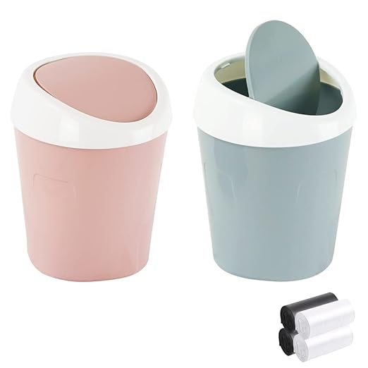 SITAKE 2 Pcs Plastic Mini Wastebasket Trash Can with 120 Trash Bags, Tiny Desktop Waste Garbage Bin with Swing Lid for Home, Office, Kitchen, Vanity Tabletop, Bedroom, Bathroom (Blue + Pink)