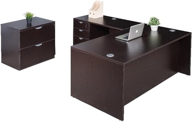 Boss Office Products Holland 42" Executive L-Shape Corner Desk with Storage Pedestal and Lateral File, Mocha