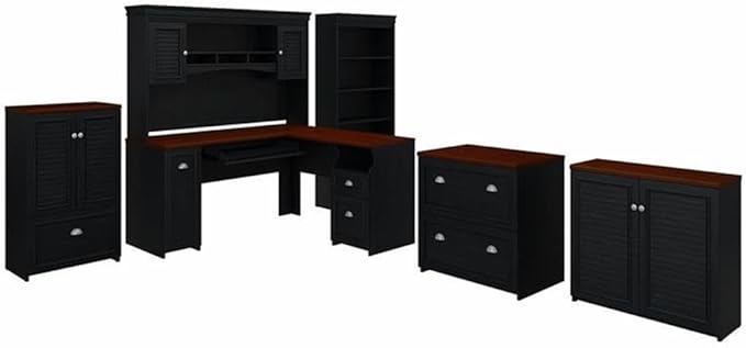 Bush Home Fairview 60W L Shaped Desk with Hutch, Bookcase, Storage and File Cabinets in Antique Black and Hansen Cherry