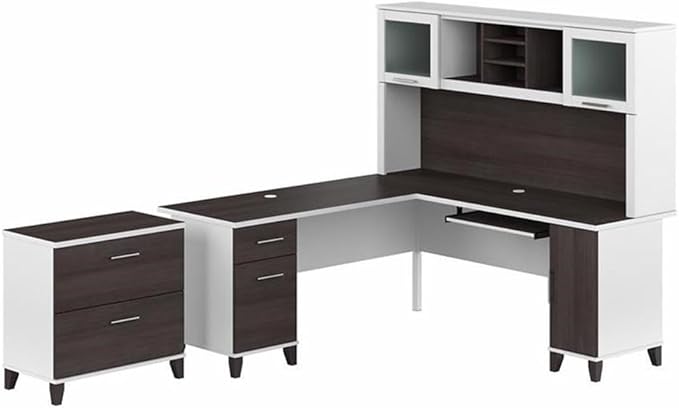 Bush Home Somerset 72W L Shaped Desk with Hutch and Lateral File Cabinet in White and Storm Gray