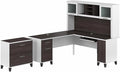 Bush Home Somerset 72W L Shaped Desk with Hutch and Lateral File Cabinet in White and Storm Gray