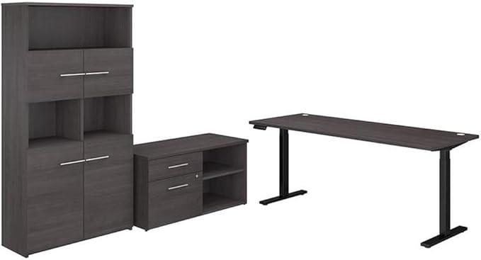 Pemberly Row 72W Adjustable Desk with Storage, Storm Gray Engineered Wood, Height Adjustable 27-46.7 in, Bookcase with Doors, Cabinet with Locking Drawers, Ergonomic Office Set