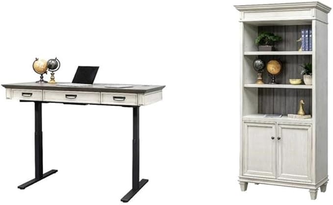 BOWERY HILL Set of 2 Writing Office Desk and Bookcase with Doors in White