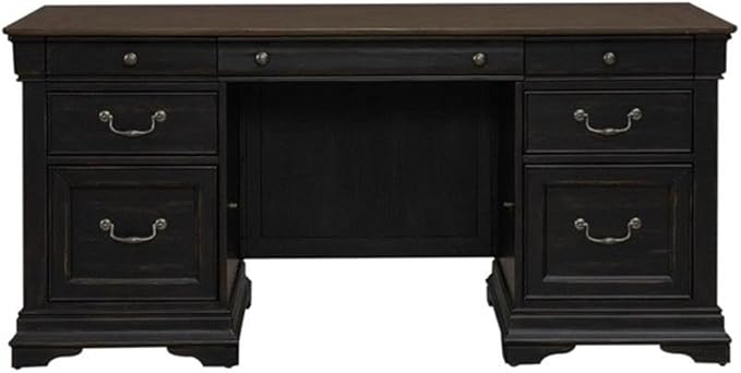 Pemberly Row Modern 5 Piece Jr Executive Desk Set, Aged Charcoal Finish, Poplar Solids with Birch & Maple Veneers, Includes Desk, Credenza & Hutch, LED Lighting, Locking File Drawers for Office Use