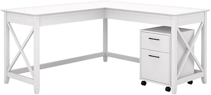 Bush Home Key West 60W L Shaped Desk with 2 Drawer Mobile File Cabinet in Pure White Oak