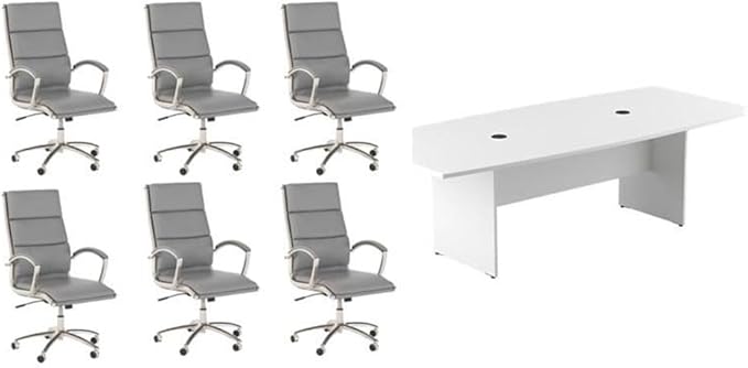 Pemberly Row Set of 7 - White Conference Table & 6 Light Gray Executive Chairs