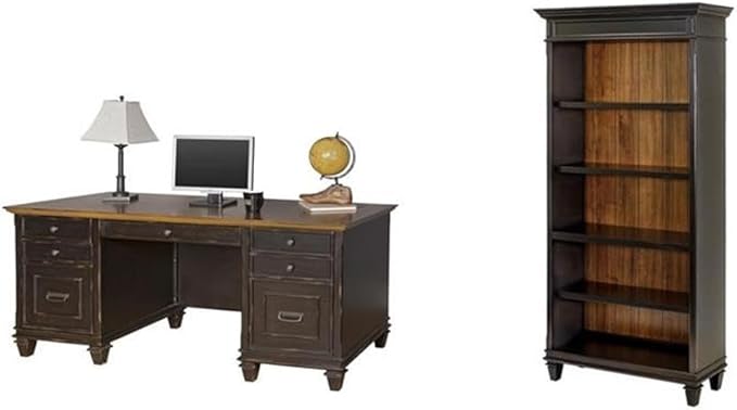 BOWERY HILL Set of 2 Traditional Double Pedestal Office Desk & Bookcase