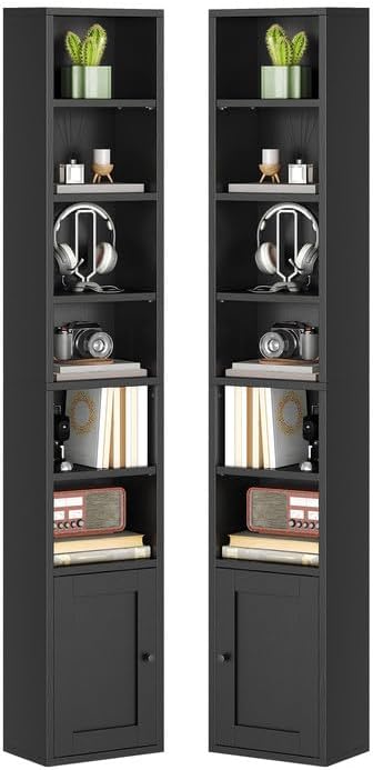 RALGEND 7-Tier Tall Narrow Bookshelf with Door Set of 2, 70.9 Inches CD DVD Slim Media Tower Rack with Storage Cabinet, Adjustable Shelves, Skinny Bookshelf Display Bookcase for Home Office, Black