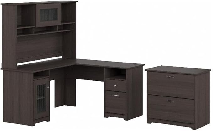 Bush Furniture Cabot 60W L Shaped Computer Desk with Hutch and Lateral File Cabinet in Heather Gray