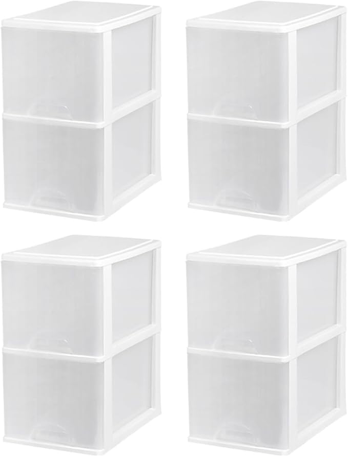 Plastic 2-Drawer Storage Organizer, 4-Pack for Classroom Art Supplies Dresser Closet Bathroom Dorm Bedroom Laundry Room, Slim Narrow, White/Clear Crafts Drawers Storage Organizer (13"H x 10"D x 7"W)