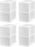 Plastic 2-Drawer Storage Organizer, 4-Pack for Classroom Art Supplies Dresser Closet Bathroom Dorm Bedroom Laundry Room, Slim Narrow, White/Clear Crafts Drawers Storage Organizer (13"H x 10"D x 7"W)