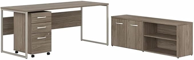 Pemberly Row Office Desk Bundle, 72W Engineered Wood Desk, Modern Hickory Finish, Includes Storage Cabinet with Shelves and 3-Drawer Mobile File Cabinet, Durable Workstation for Home or Office Use