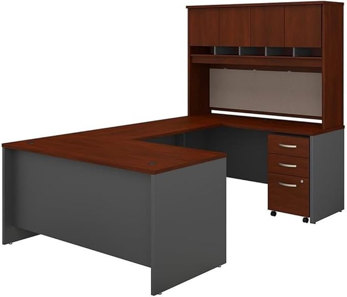 Pemberly Row Engineered Wood 60W U Shaped Desk with Hutch and Drawers, Hansen Cherry Finish, Durable Office Desk Set with Locking File Cabinet, Wire Management and Storage for Home or Work Office Use