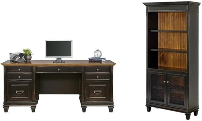 BOWERY HILL Set of 2 Credenza Office Desk Writing Table & Bookcase with Doors