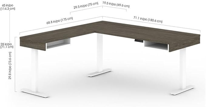 Pemberly Row 72" L-Shaped Standing Desk Set, Walnut Gray Finish, Adjustable Height, Dual Monitor Arms, Storage Shelves, Credenzas, Home Office Furniture Solution