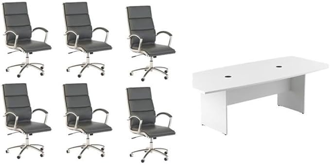 Pemberly Row Set of 7 - White Conference Table & 6 Dark Gray Executive Chairs