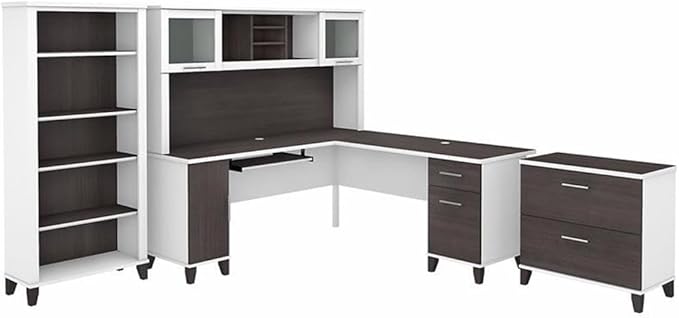 Pemberly Row 72W L Desk with Hutch, Storage, Lateral File Cabinet & Bookcase Set, Engineered Wood, White/Gray Finish, Modern Office Furniture for Home or Small Workspace, ANSI/SOHO Certified