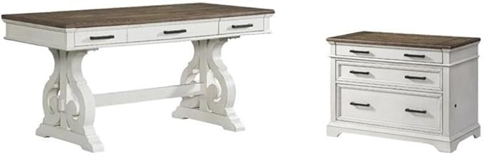 Pemberly Row Home Office Set with Lateral File Cabinet and Writing Desk in White and Oak