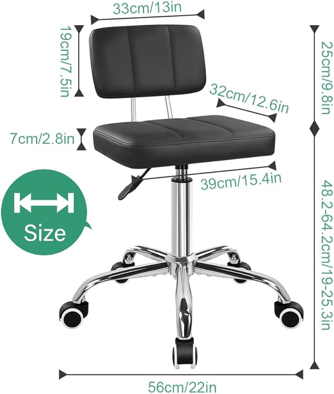 FURWOO Simple Square Office Chair with Back 360 Swivel Stool Chair with Wheels Height Adjustable Stool for Home Work Shop Task Spa Black