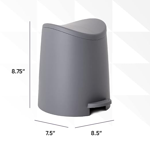 Superio Mini Plastic Bathroom Trash Can with Lid 3 Liter Grey Modern Curved Step On Trash Can with Foot Pedal, Mini Kitchen Waste Bin, Durable and Soft Close for Bedroom, Office, Under Desk