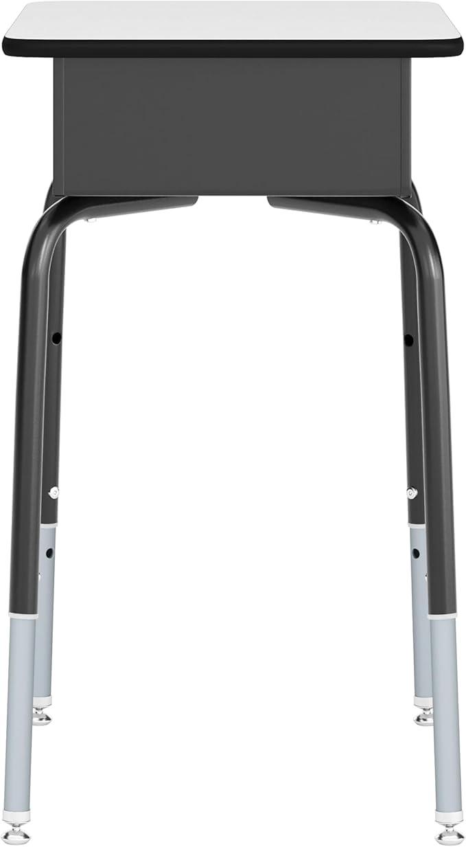 EMMA + OLIVER Jacobs Desk/Stackable Ergonomic Chair Set, Flex Comfort Seat Back, Adjusting Desk Legs, Metal Open Front Storage Box, Gray Desktop/Black Chair