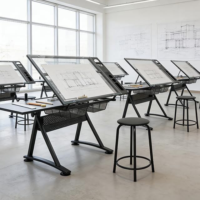Magshion Professional Drafting Table for Teens w/Stool, Tilting GlassTabletop & Adjustable Height, Art Craft Desk Watercolor Paintings Sketching Work Station for Studio Home Office School (Clear)