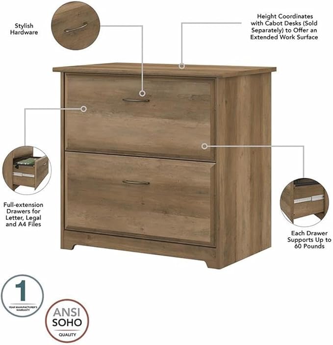 Scranton & Co Furniture Cabot L Computer Desk Set, Reclaimed Pine Finish, 60W L Shaped Desk with Hutch and 2 Drawer File Cabinet, Fluted Glass Doors, USB Hub, Home Office Storage Solution