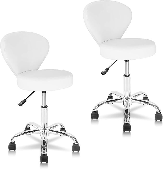 KLASIKA Leather Rolling Salon Stool with Back Support and Wheels Adjustable Height Swivel Spa Stools for Office Massage Facial Medical Drafting Tattoo Beauty Barber Lab Doctor Tattoo, White, 2 Pack